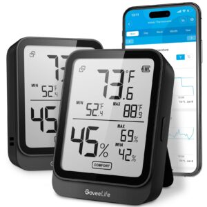 goveelife hygrometer thermometer h5104 2pack, bluetooth room temperature monitor with app alert and 2 years date storage export, remote lcd digital hygrometer indoor humidity meter, greenhouse