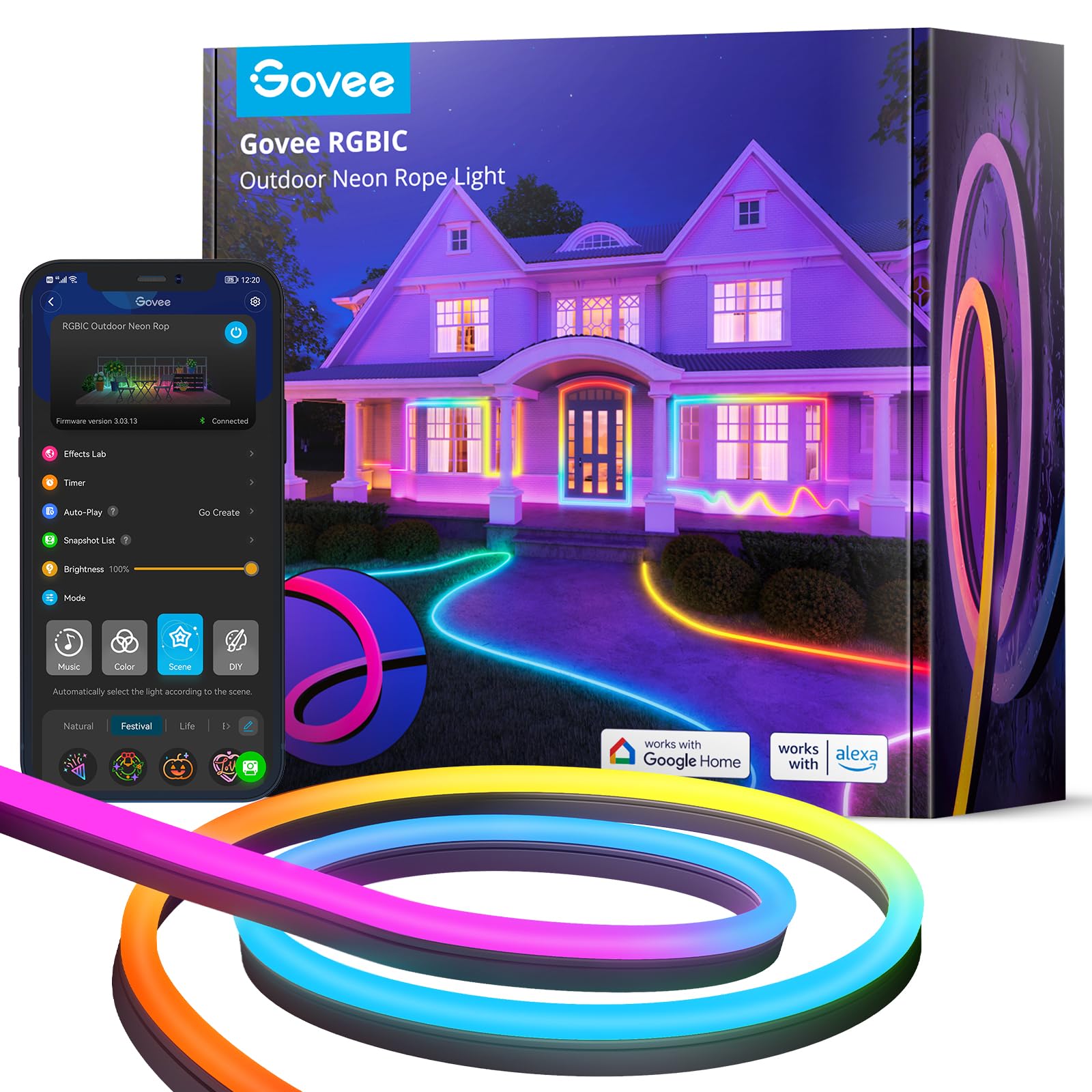 Govee Outdoor Neon Rope Lights, 32.8ft RGBIC IP67 Waterproof Patio Decorations with 64 Scene Modes, Music Sync, Flexible LED Outdoor Lights, Holiday Lights Work with Alexa, Google Assistant