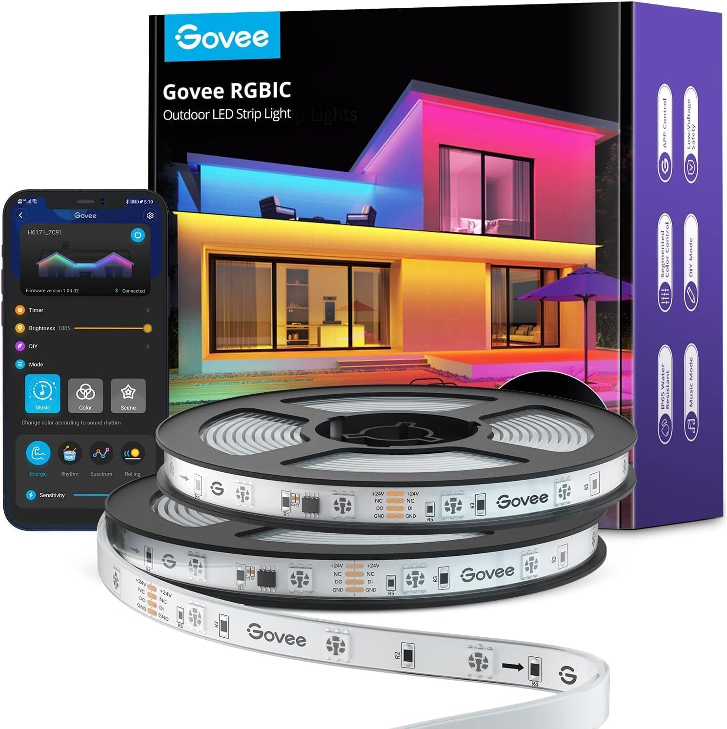 Govee Outdoor LED Strip Lights Waterproof, Connected 2 Rolls of 32.8ft(65.6ft) RGBIC Outdoor Lights, Splitter Connector, Patio Decorations, Work with Alexa, Outdoor Strip Lights for Eave, Roof