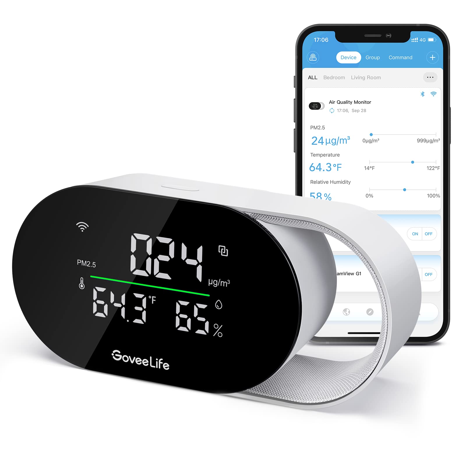 GoveeLife Smart Air Quality Monitor with PM2.5, WiFi, Temperature & Humidity Sensors, LED Display, 2s Refresh, 2-Year Data Storage, for Home & Office