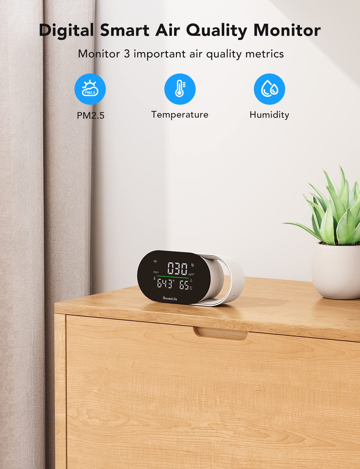 GoveeLife Smart Air Quality Monitor with PM2.5, WiFi, Temperature & Humidity Sensors, LED Display, 2s Refresh, 2-Year Data Storage, for Home & Office