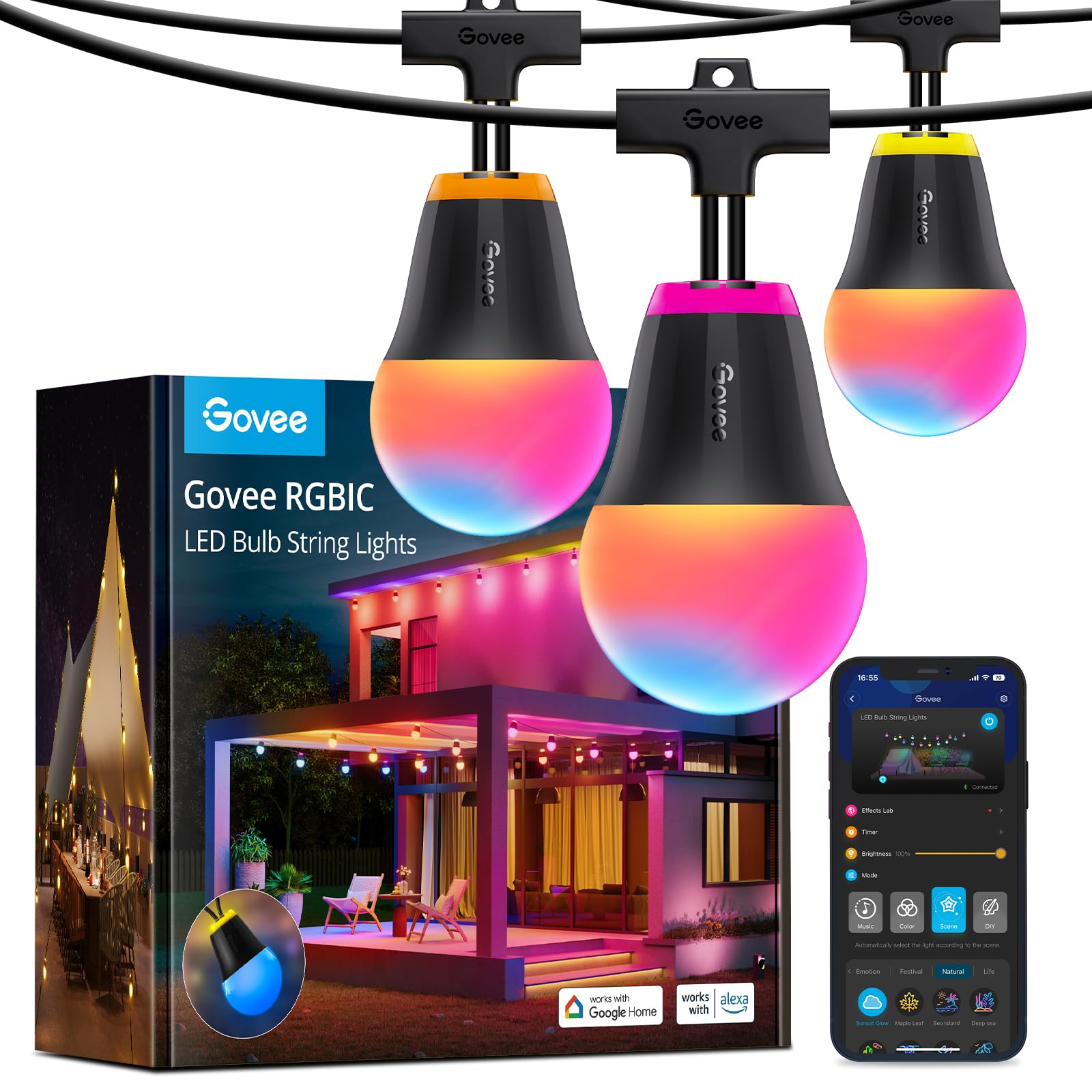 Govee Outdoor String Lights H1, 50ft RGBIC Outdoor Lights with 15 Dimmable Warm White LED Bulbs, Smart Outdoor Lights with 60 Scene Mode, IP65 Waterproof, Work with Alexa for Party, Daily Lighting