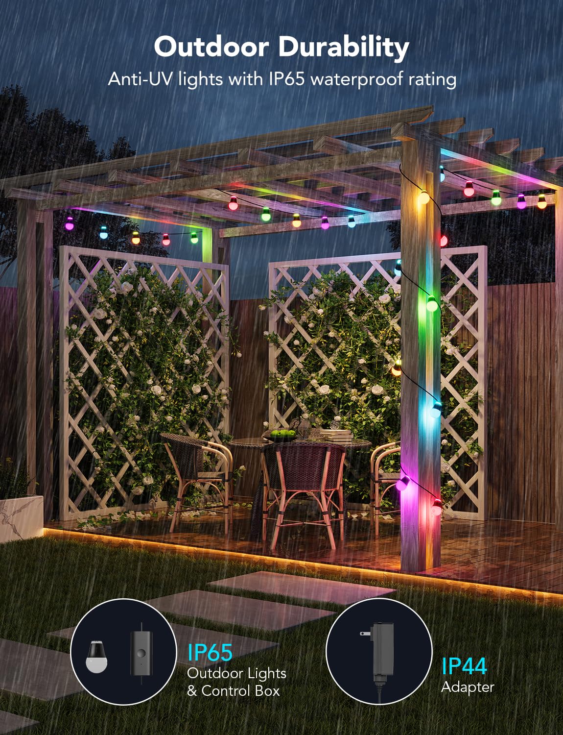 Govee Outdoor String Lights H1, 50ft RGBIC Outdoor Lights with 15 Dimmable Warm White LED Bulbs, Smart Outdoor Lights with 60 Scene Mode, IP65 Waterproof, Work with Alexa for Party, Daily Lighting