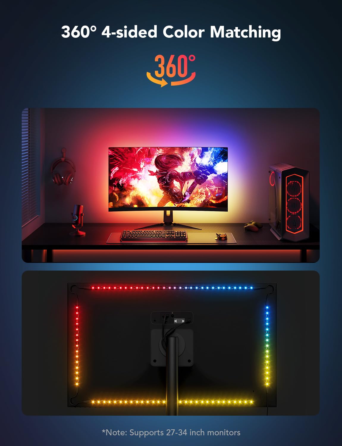 Govee Gaming Light for Monitor G1, RGBIC LED Backlight for 27-34 Inch PC, Smart LED Lights for Monitors with Color Matching, Adapts to Curved Monitors, Double Strip Light Beads with 123 Scene Modes