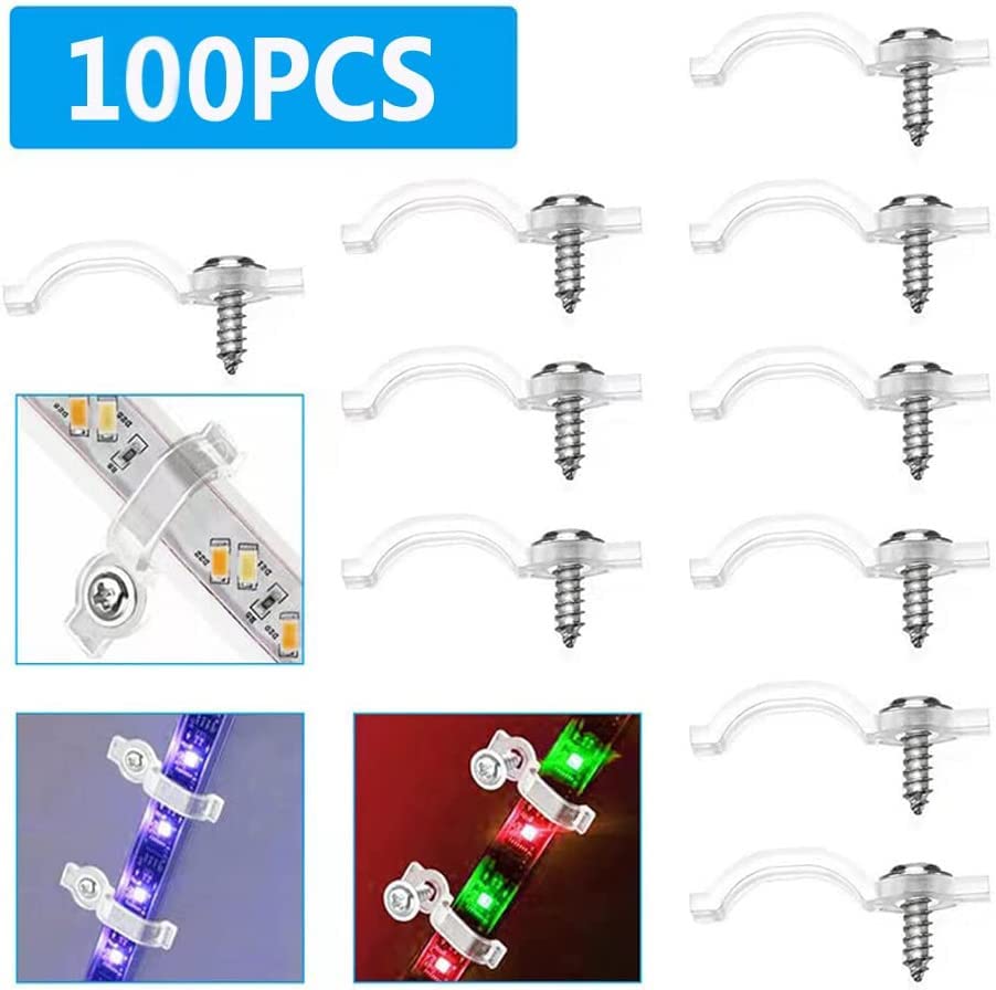 100 Pack Strip Light Mounting Bracket,Transparent Fixing Clips for 10mm Wide IP65 Waterproof 5050 LED Strip Light,One Side Fixing,100 Screws Included