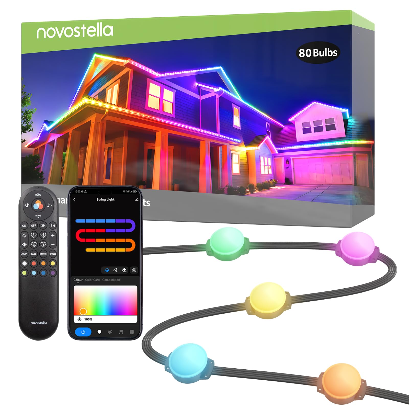 NOVOSTELLA Permanent Outdoor Lights, Smart RainbowColor RGB IC Light, 100ft (50x2) with 80 LED Eaves Lights IP65 Waterproof for Holidays, Christmas, Daily Lighting, WiFi APP Voice Control