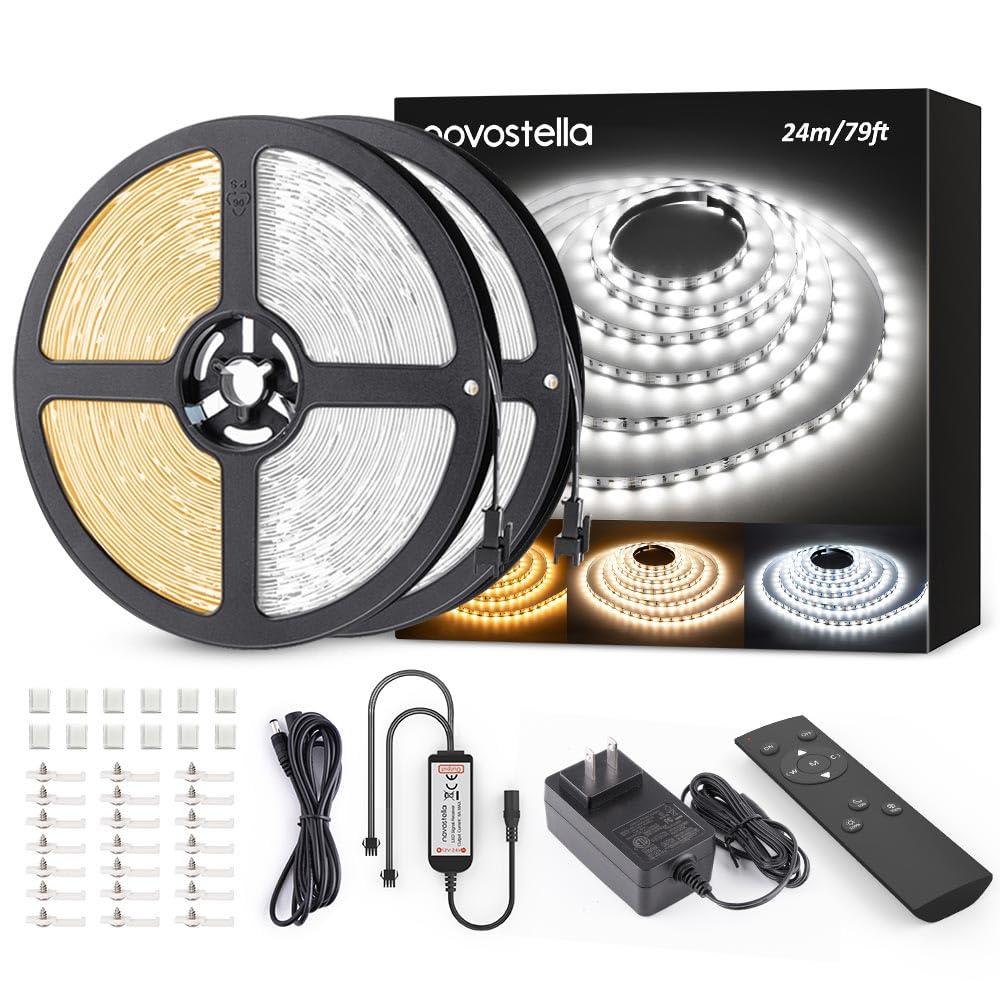 NOVOSTELLA 79ft(2rolls) Tunable White LED Strip Light Kit 2688LEDs Dimmable 3000K-6500K 24V Flexible Tape Remote Ribbon for Stage Bedroom Party Kitchen Stair Living Room Ceiling Daylight Warm White