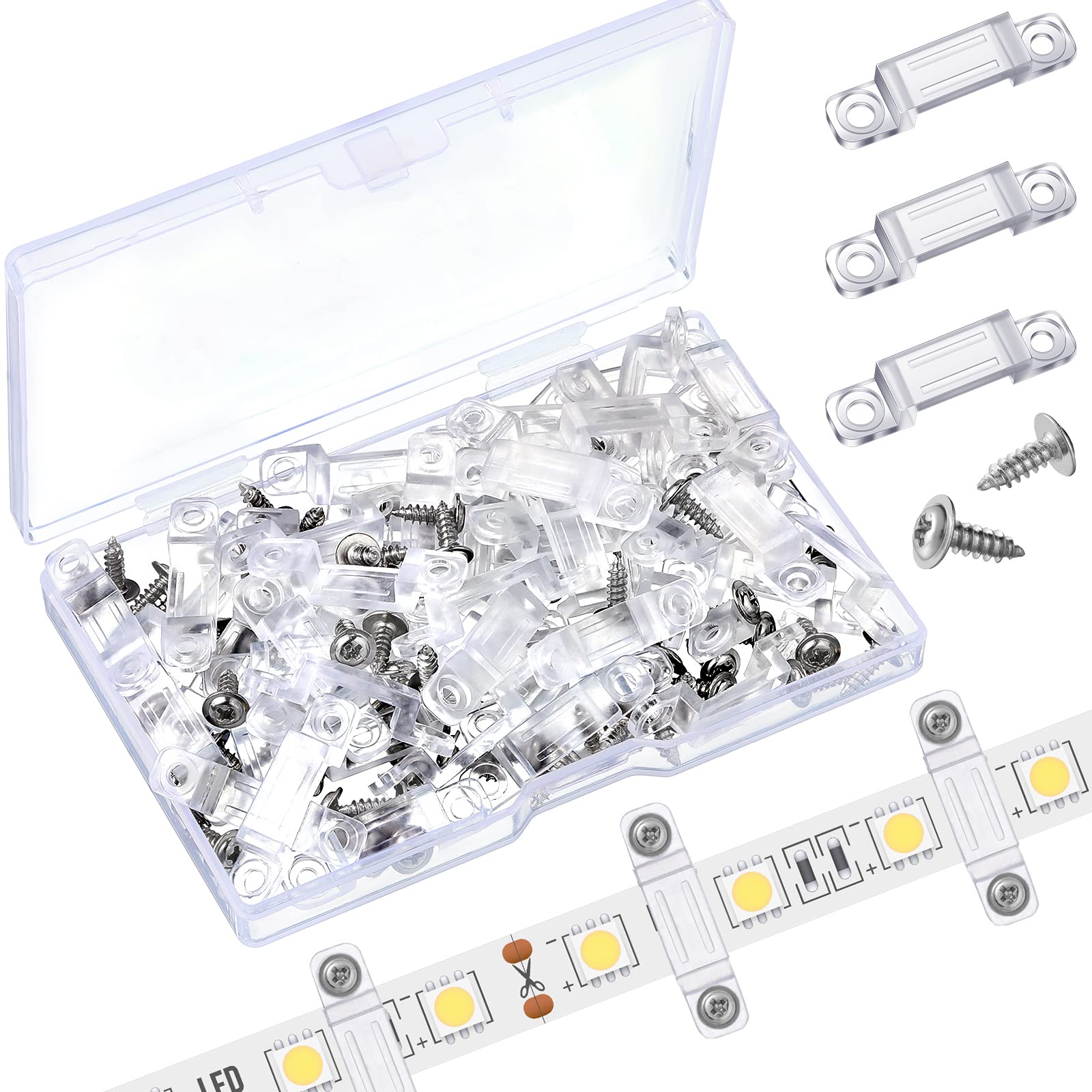 Qunclay 100 Pieces LED Light Hangers LED Light Clips Strip LED Light Holder Clear Tape Clamp Outdoor Light Fixed Clips with 200 Pieces Screws for 12 mm Wide Ip67/68 Strip Lights