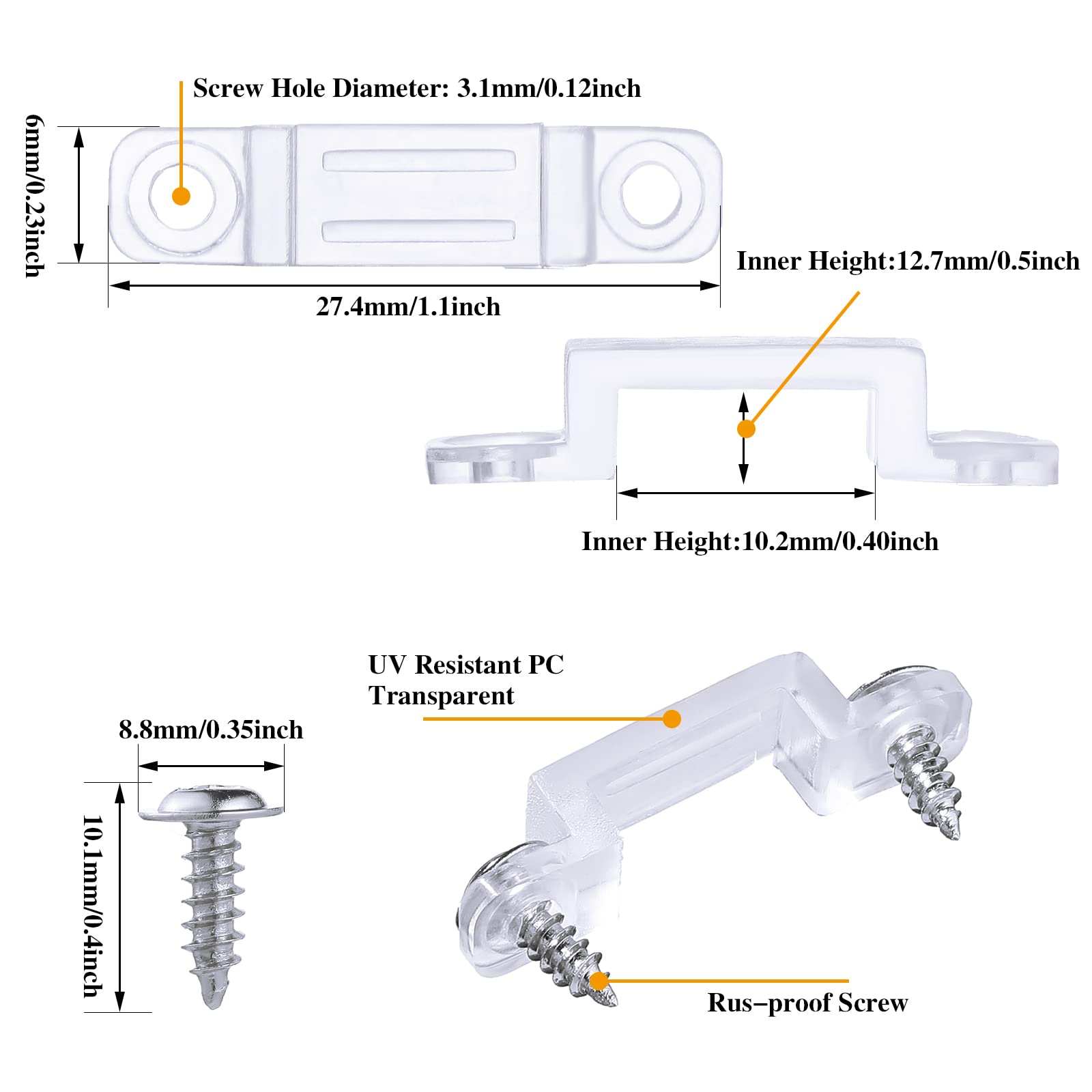 Qunclay 100 Pieces LED Light Hangers LED Light Clips Strip LED Light Holder Clear Tape Clamp Outdoor Light Fixed Clips with 200 Pieces Screws for 12 mm Wide Ip67/68 Strip Lights