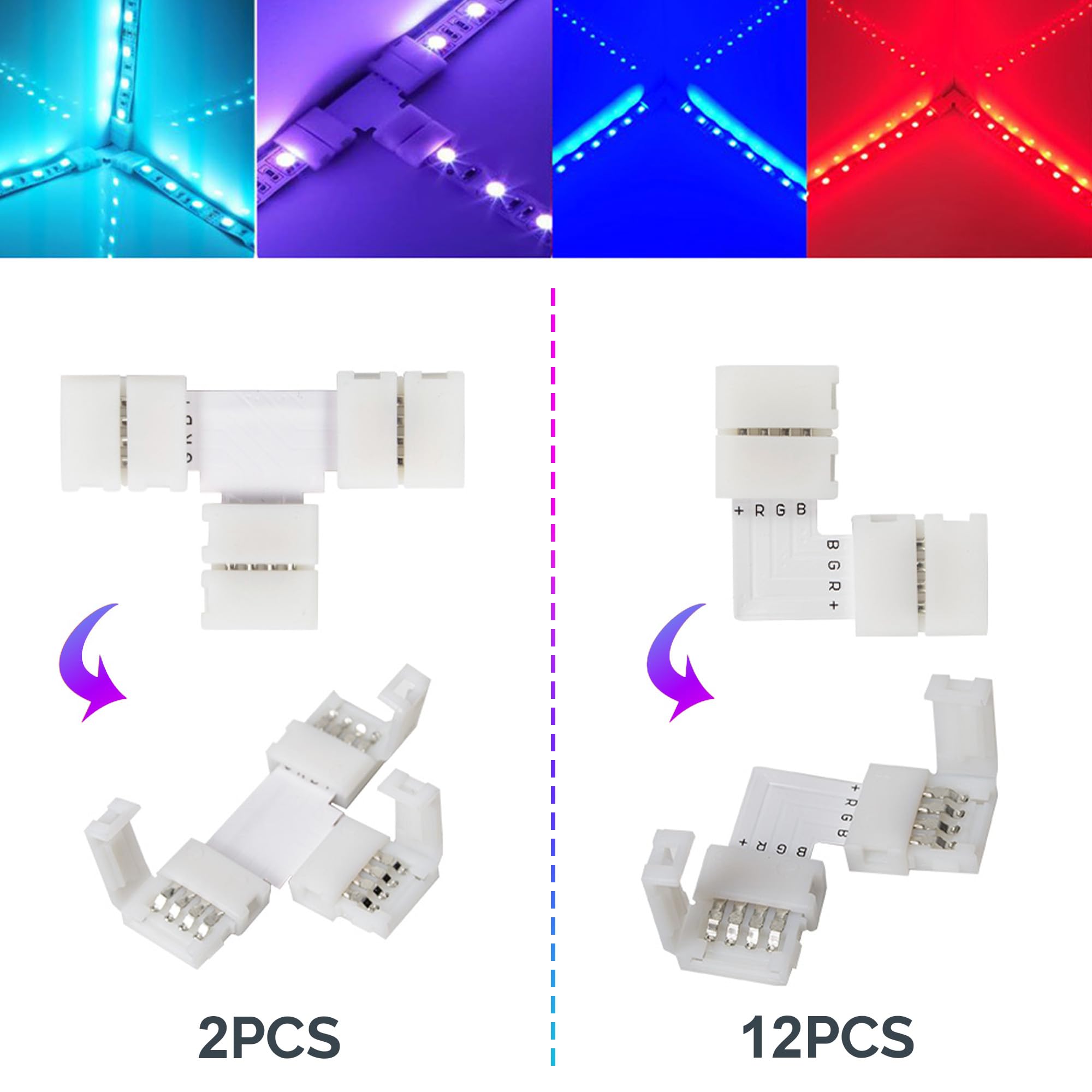 FUMENTON LED Strip Connector Kit for 5050 10mm 4Pin,includes 8 Types of Solderless LED Strip Accessories,Provides Most Parts for DIY