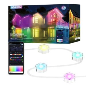 asahom permanent outdoor lights, 100ft smart rgb outdoor lights alexa with 70 preset scenes, ip67 waterproof 72 led eaves lights for holiday decor, party, daily lighting, smart app & voice control