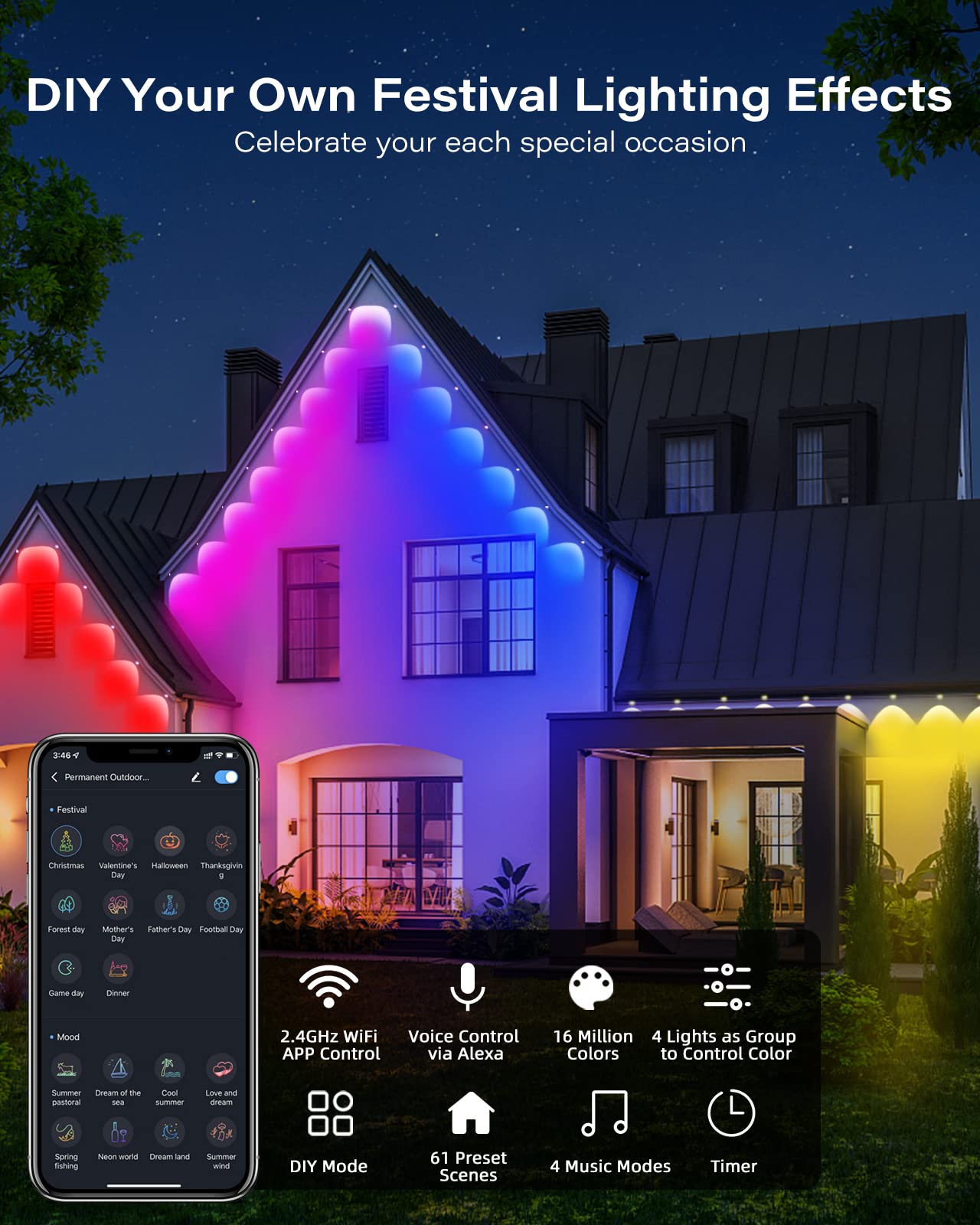 ASAHOM Permanent Outdoor Lights, 100ft Smart RGB Outdoor Lights Alexa with 70 Preset Scenes, IP67 Waterproof 72 LED Eaves Lights for Holiday Decor, Party, Daily Lighting, Smart APP & Voice Control