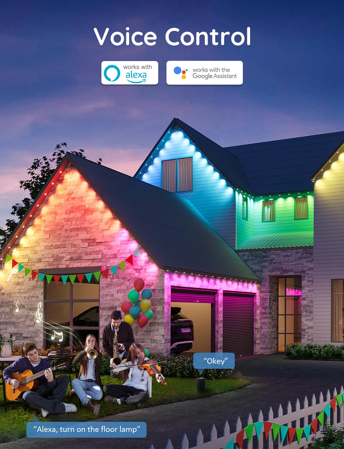 APPECK Permanent Outdoor Lights 100ft, Smart RGB Outdoor Lights with 72 LEDs, IP65 Waterproof LED Eaves Lights, 54 Scene Modes Lighting for Party, Daily, Halloween, Christmas, Roof, Garden, Patios