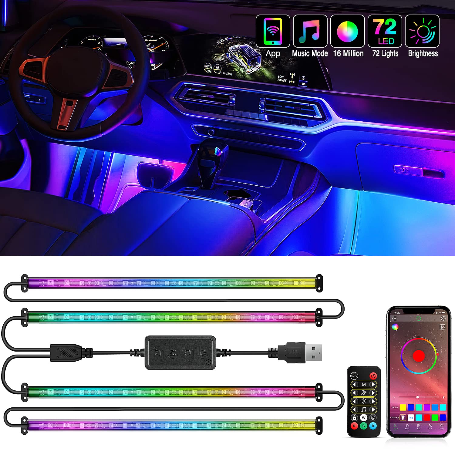 Nilight RGBIC 72 LED USB Interior Strip Lights DC 12V with App RF Remote Control Multicolor Under Car Dash Lighting 2 Lines Design Music Sync Mode for Cars Truck ATV UTV, 2 Years Warranty