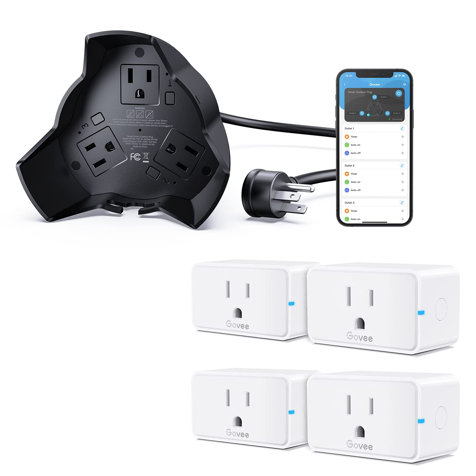 Govee Smart WiFi Outdoor Plug, Weatherproof 15A Outdoor Smart Outlet Bundle with WiFi Bluetooth Outlets 4 Pack, App Control, Supports Alexa and Google Assistant, 2.4 GHz Network only