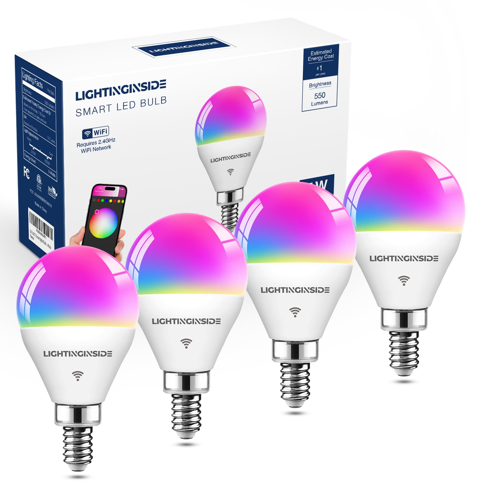 Lightinginside Smart Light Bulbs 50W Equivalent, WiFi G16 1/2 Candelabra E12 Ceiling Fan Smart Bulb Compatible with Alexa/Google Assistant/Smart Life, 5W 550LM, 2.4G WiFi Only, ETL Listed, 4PCS