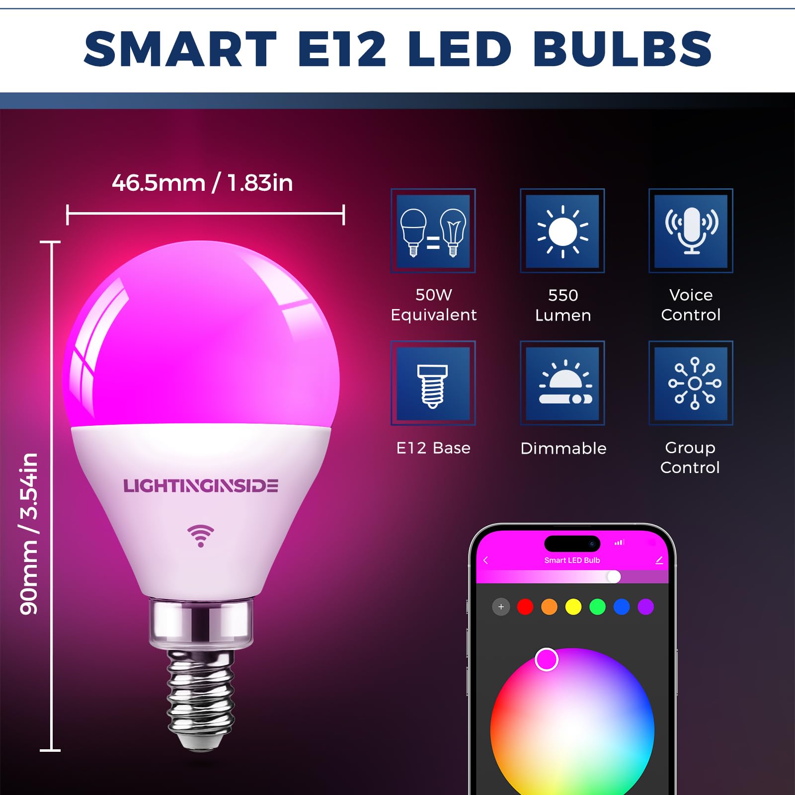 Lightinginside Smart Light Bulbs 50W Equivalent, WiFi G16 1/2 Candelabra E12 Ceiling Fan Smart Bulb Compatible with Alexa/Google Assistant/Smart Life, 5W 550LM, 2.4G WiFi Only, ETL Listed, 4PCS