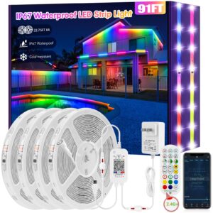 skzlibry 91ft ip67 rgb+ic outdoor led strip lights waterproof led light strips with rf remote &bluetooth music sync app control,color changing (rgb+ic, 560led)