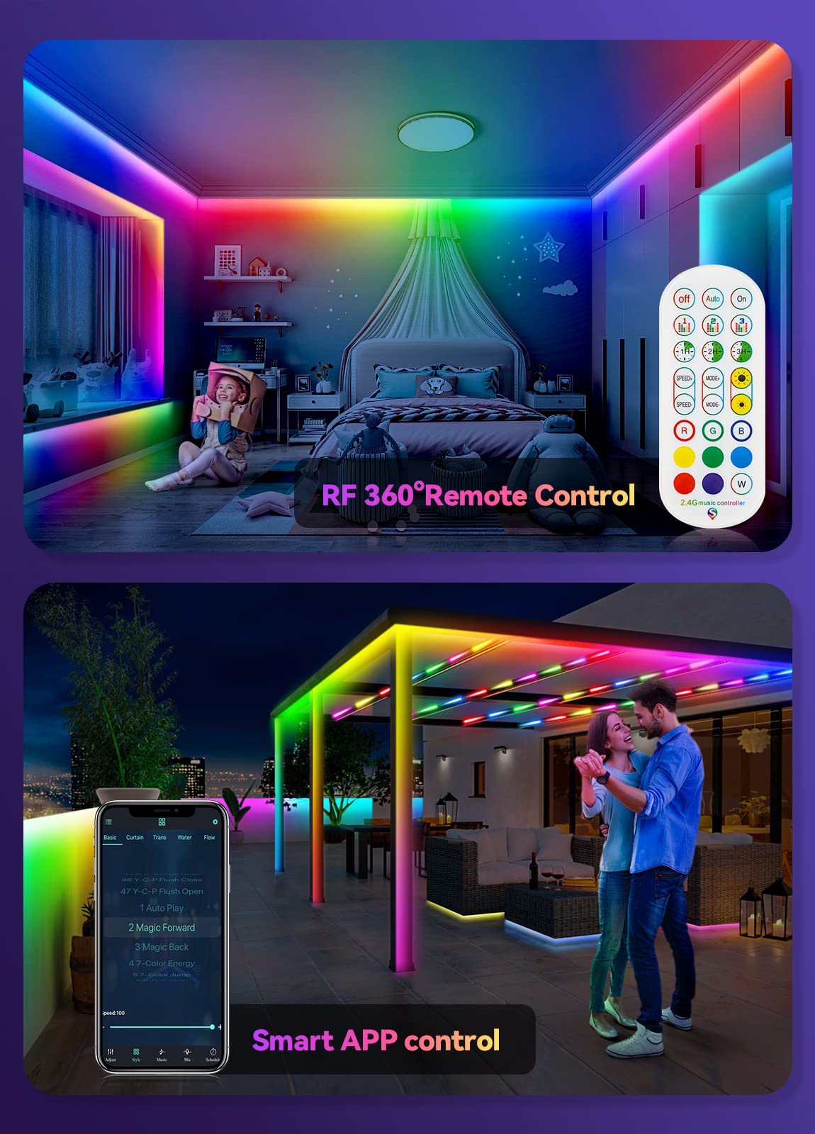 Skzlibry 91FT IP67 RGB+IC Outdoor Led Strip Lights Waterproof Led Light Strips with RF Remote &Bluetooth Music Sync App Control,Color Changing (RGB+IC, 560LED)