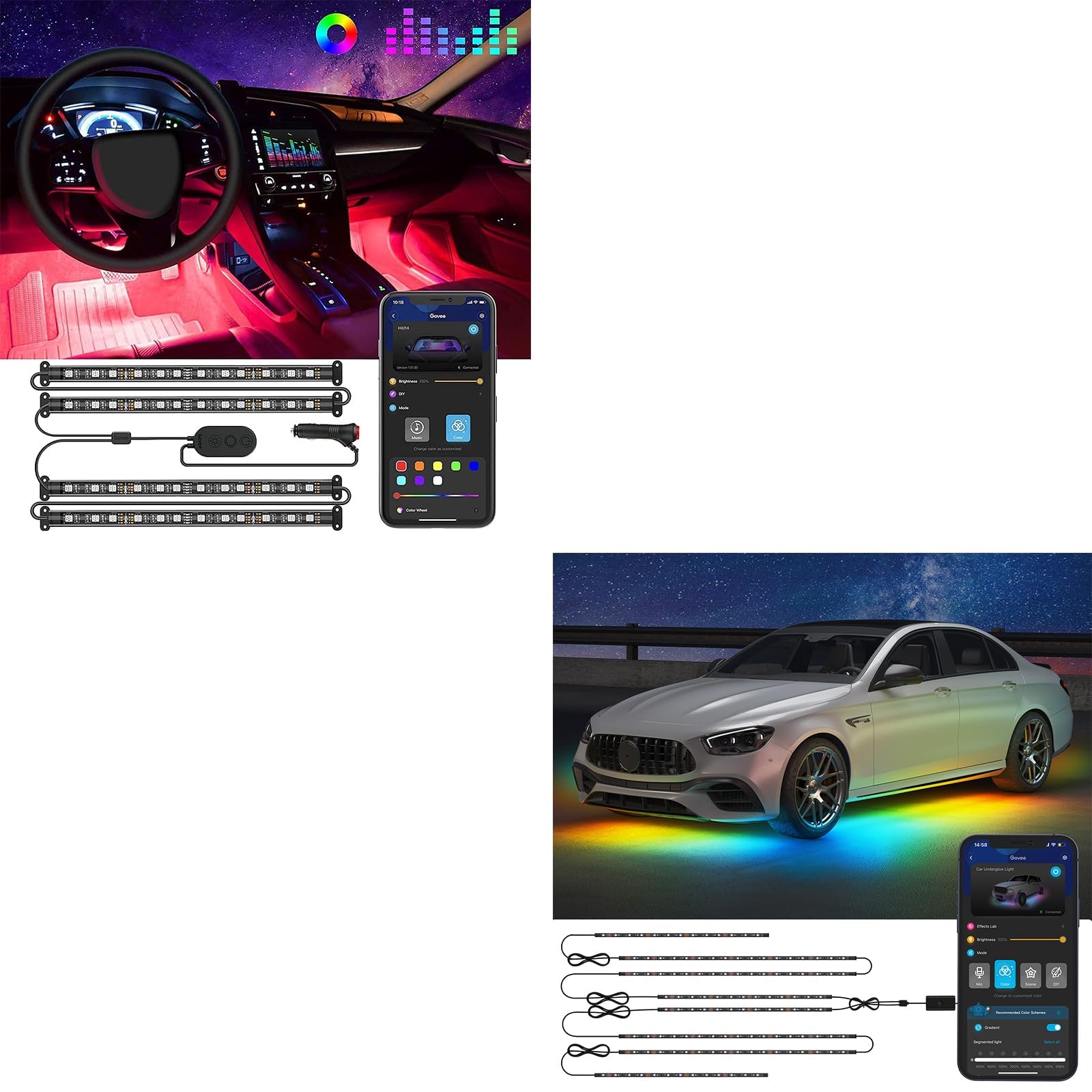 Govee RGB Interior Car Lights Bundle with Govee 8 pcs RGBIC Exterior Car Lights, App Control, DIY Mode and Music Mode