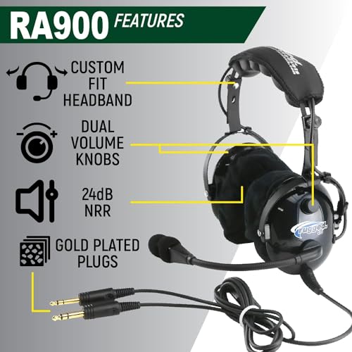 RA900 Premium Aviation Pilot Headset for Flight Instructors Private Pilots Features Clear Hear Speakers Noise Canceling Microphone Gel Ear Seals Custom Fit Headband Mono & Stereo and Free Headset Bag