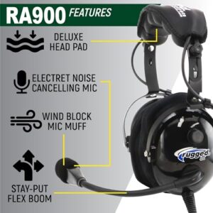 RA900 Premium Aviation Pilot Headset for Flight Instructors Private Pilots Features Clear Hear Speakers Noise Canceling Microphone Gel Ear Seals Custom Fit Headband Mono & Stereo and Free Headset Bag