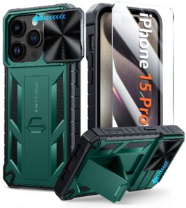 fntcase for iphone 15 pro case: military grade drop & shock protection cell phone cover with kickstand & slide | rugged protective bumper textured | heavy duty protector(green)