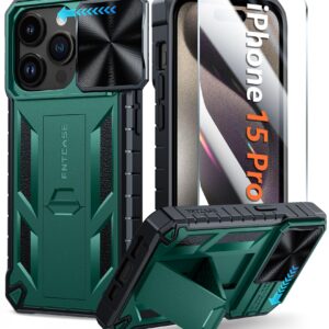 FNTCASE for iPhone 15 Pro Case: Military Grade Drop & Shock Protection Cell Phone Cover with Kickstand & Slide | Rugged Protective Bumper Textured | Heavy Duty Protector(Green)