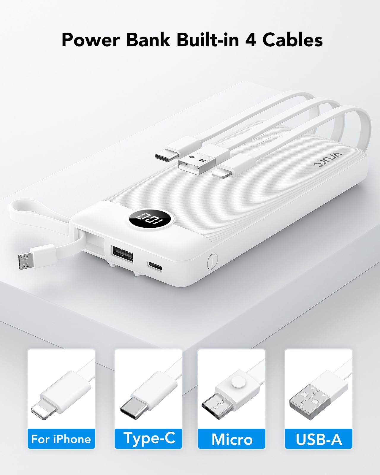 VRURC Portable Charger 10000mAh, Slim LED Display Power Bank, 5 Output 2 Input Cell Phone Battery Pack, Built-in Micro & USB C Cables Phone Charger Compatible with iPhone,Samsung,Android-White(1 Pack)