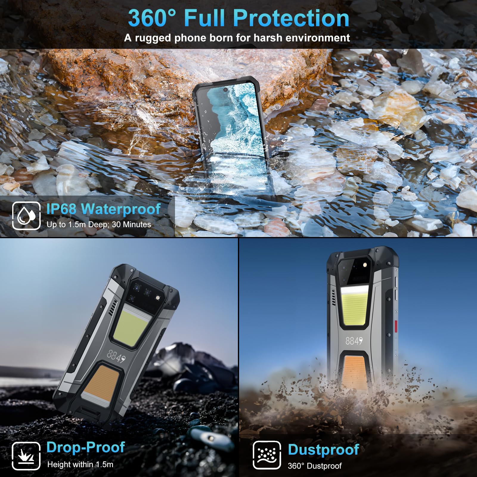 8849 Tank 2 Rugged Smartphone, 22GB+256GB Unlocked Rugged Phone with Projector, 6.79" 4G Waterproof Cell Phone with Camping Light, 15500mAh 64MP Night Vision Android 13 Phone Unlocked, OTG/NFC