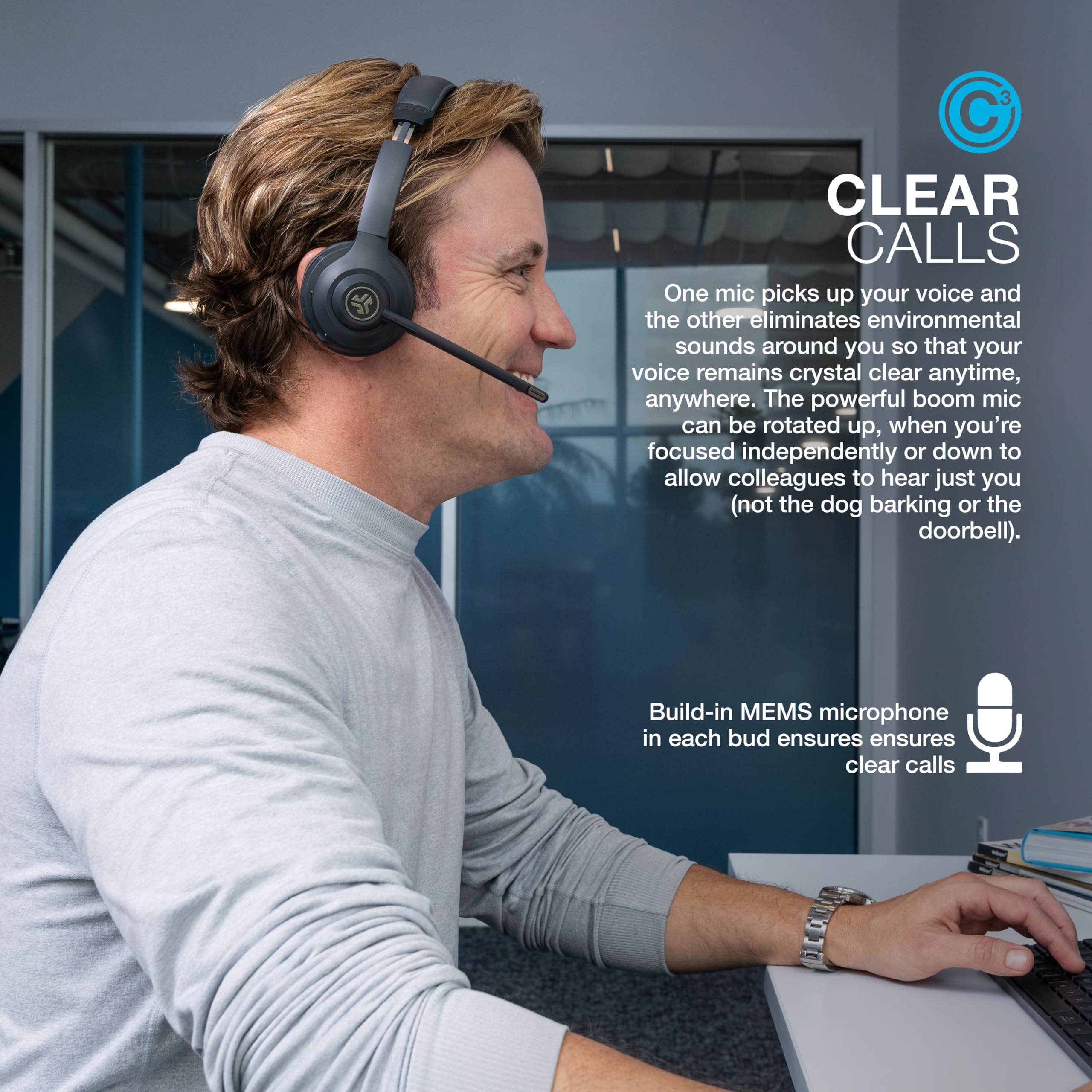 JLab Go Work Gen 2 Wireless Headsets with Microphone - 55+ Playtime PC Bluetooth Headset and Multipoint Connect to Laptop Computer and Mobile - Wired or Wireless (Bluetooth or USB Dongle) Headphones