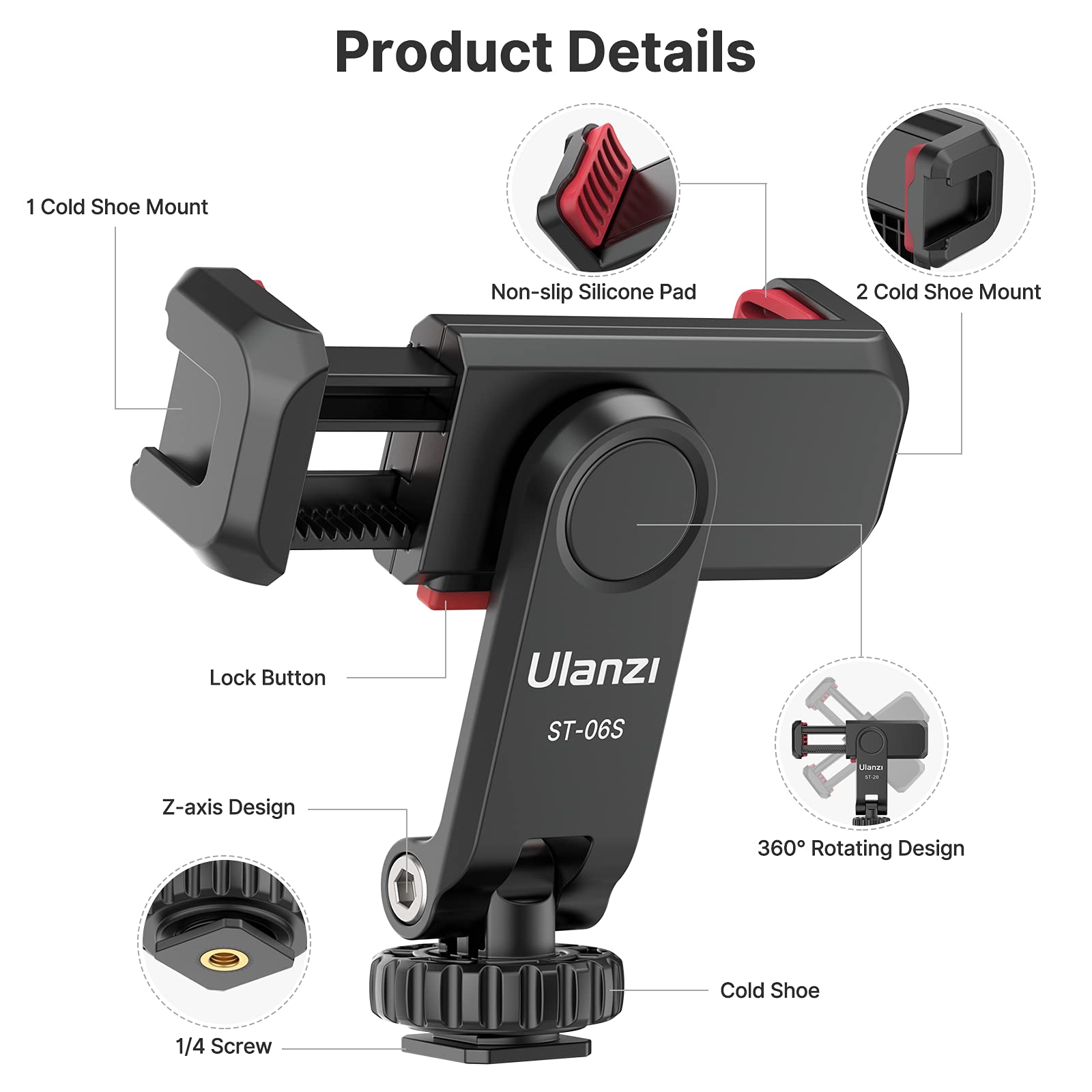 ULANZI Phone Tripod Mount ST-06S, New Universal Smartphone Mount Adapter with 2 Cold Shoe, 360° Rotates Adjustable Cell Phone Clip Clamp Holder, Compatible with iPhone, Samsung Galaxy and All Phones