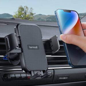 lamicall 2024 wider clamp & metal hook car phone holder vent [thick cases friendly] phone holder car hands free cradle air vent for smartphone (dark grey)