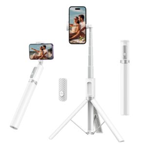 atumtek 55" selfie stick tripod, all-in-one extendable aluminum phone tripod with rechargeable bluetooth remote for iphone, samsung, google, lg, sony and more, fitting 4.7-7 inch smartphones, white