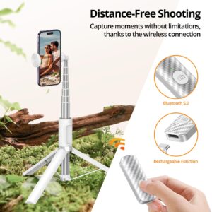 ATUMTEK 55" Selfie Stick Tripod, All-in-one Extendable Aluminum Phone Tripod with Rechargeable Bluetooth Remote for iPhone, Samsung, Google, LG, Sony and More, Fitting 4.7-7 inch Smartphones, White