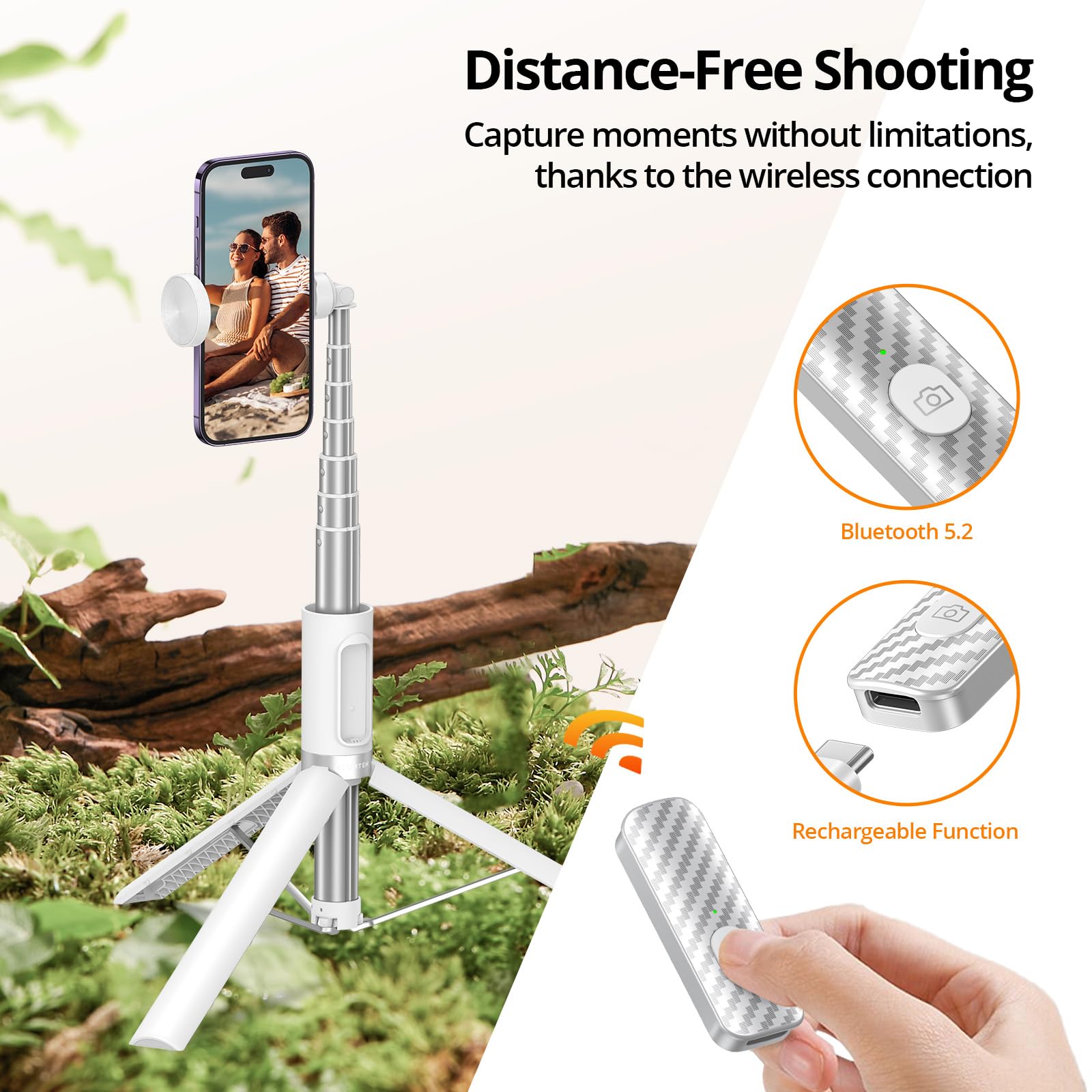 ATUMTEK 55" Selfie Stick Tripod, All-in-one Extendable Aluminum Phone Tripod with Rechargeable Bluetooth Remote for iPhone, Samsung, Google, LG, Sony and More, Fitting 4.7-7 inch Smartphones, White