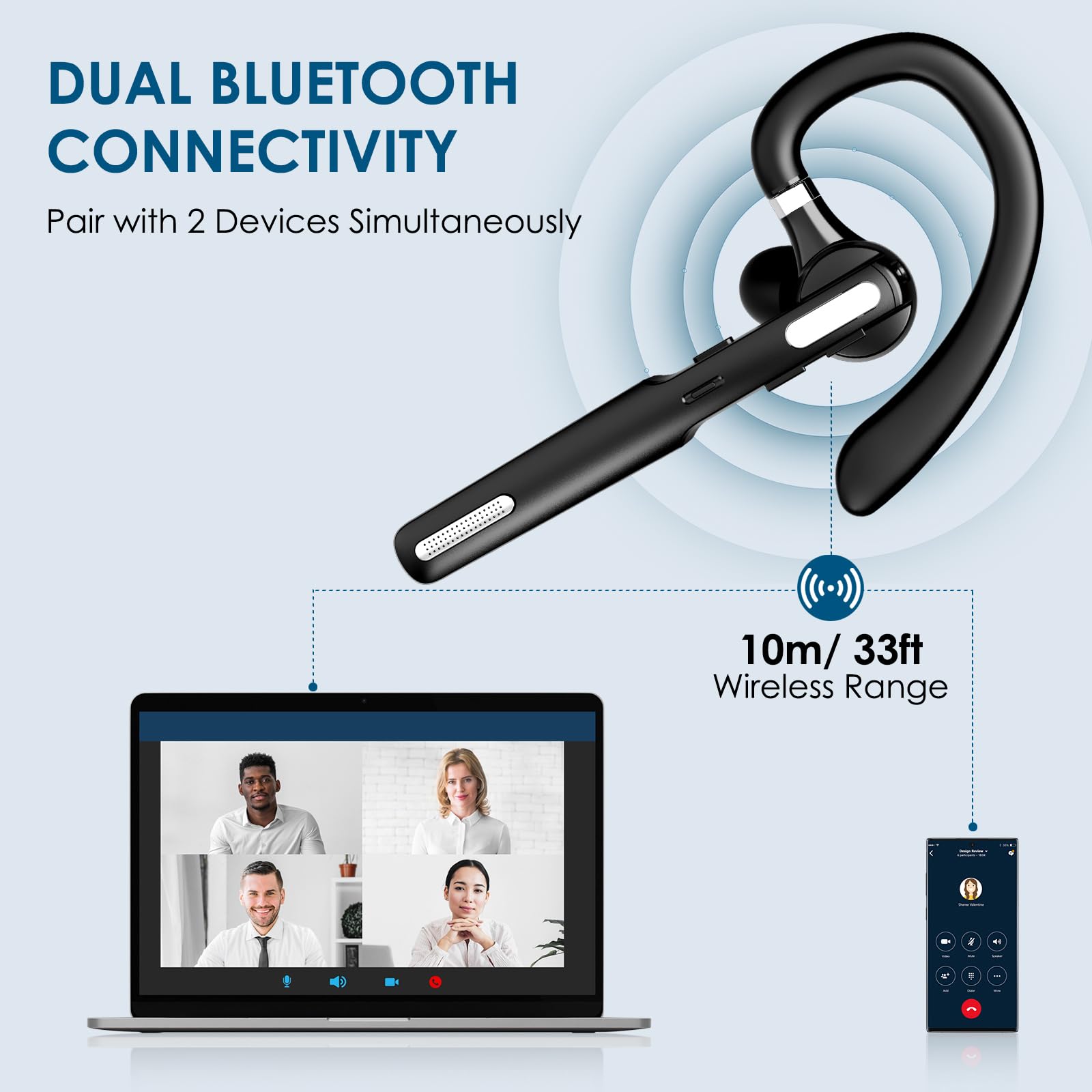 Bluetooth Headset, Wireless Earpiece with Noise Cancelling Microphone for Driving, Single Ear Headphones for Cell Phones, Computer, PC, Long Hours Talking Time for Driving, Online Meetings (Black)