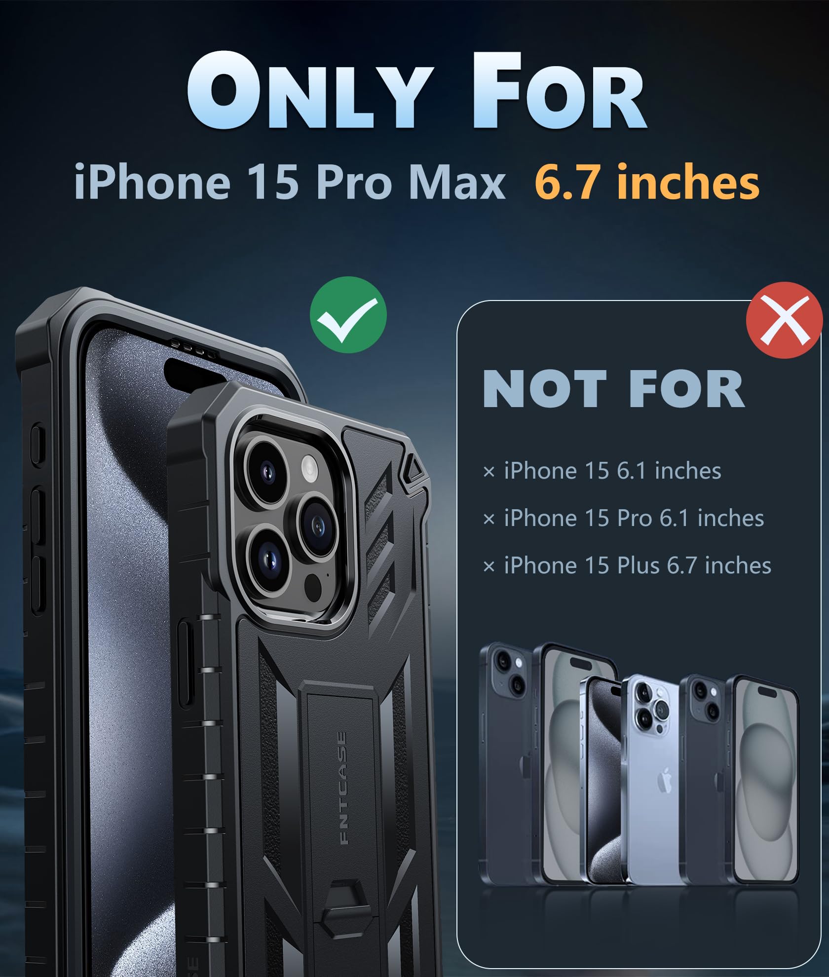 FNTCASE for iPhone 15-Pro-Max Case: Military Grade Drop Proof Rugged Protective Cell Phone Cover with Kickstand & Built-in Protector | Matte Textured Shockproof TPU Hybrid Bumper Cases (Black)