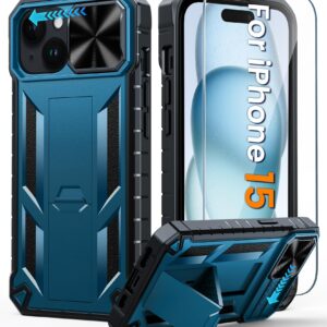 FNTCASE for iPhone 15 Protective Phone-Case: Military Grade Dropproof Cell Phone Cover with Kickstand & Slide | Heavy Duty Rugged Phonecase Bumper Textured | Heavy Duty Protector(Blue)