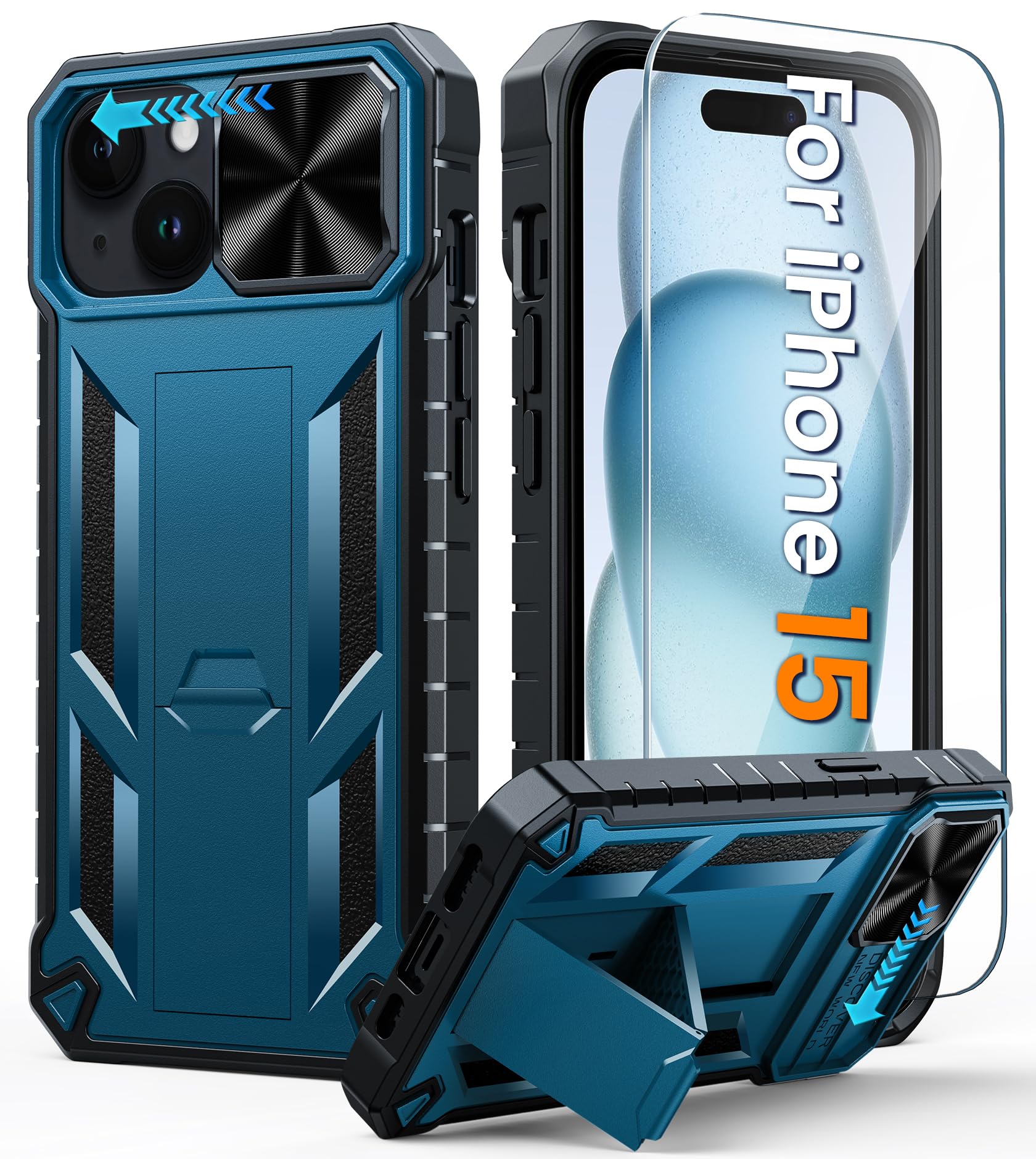 FNTCASE for iPhone 15 Protective Phone-Case: Military Grade Dropproof Cell Phone Cover with Kickstand & Slide | Heavy Duty Rugged Phonecase Bumper Textured | Heavy Duty Protector(Blue)