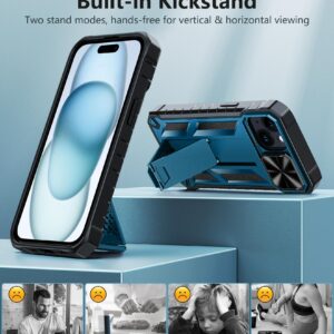 FNTCASE for iPhone 15 Protective Phone-Case: Military Grade Dropproof Cell Phone Cover with Kickstand & Slide | Heavy Duty Rugged Phonecase Bumper Textured | Heavy Duty Protector(Blue)