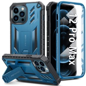 fntcase for iphone 12-pro-max phone case: military grade drop proof protection mobile cover with kickstand | matte textured rugged shockproof tpu | protective sturdy cases - blue