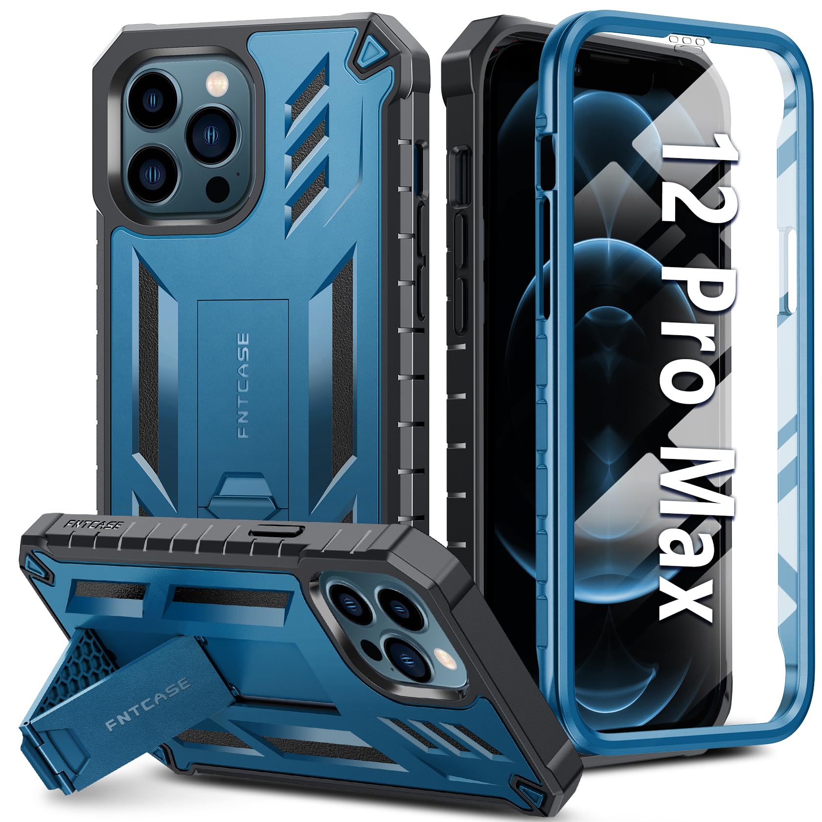 FNTCASE for iPhone 12-Pro-Max Phone Case: Military Grade Drop Proof Protection Mobile Cover with Kickstand | Matte Textured Rugged Shockproof TPU | Protective Sturdy Cases - Blue