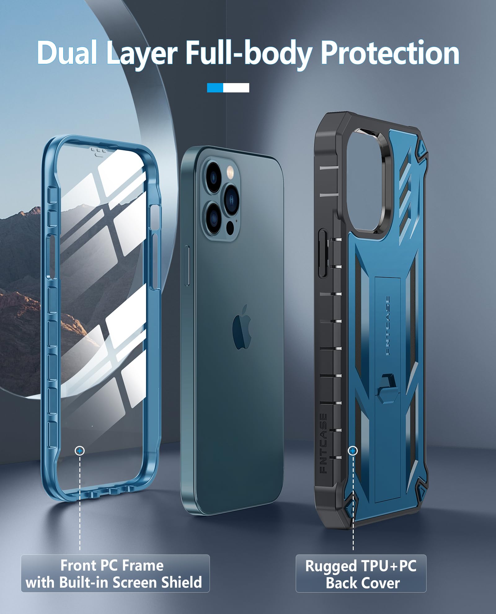 FNTCASE for iPhone 12-Pro-Max Phone Case: Military Grade Drop Proof Protection Mobile Cover with Kickstand | Matte Textured Rugged Shockproof TPU | Protective Sturdy Cases - Blue