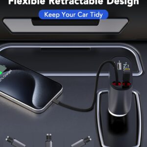 Retractable Car Charger, 4 in 1 Fast Car Phone Charger 66W, 2 Retractable Cables and USB Car Charger, USB C Car Charger for iPhone 15/14/13/12/11, Galaxy,Pixel