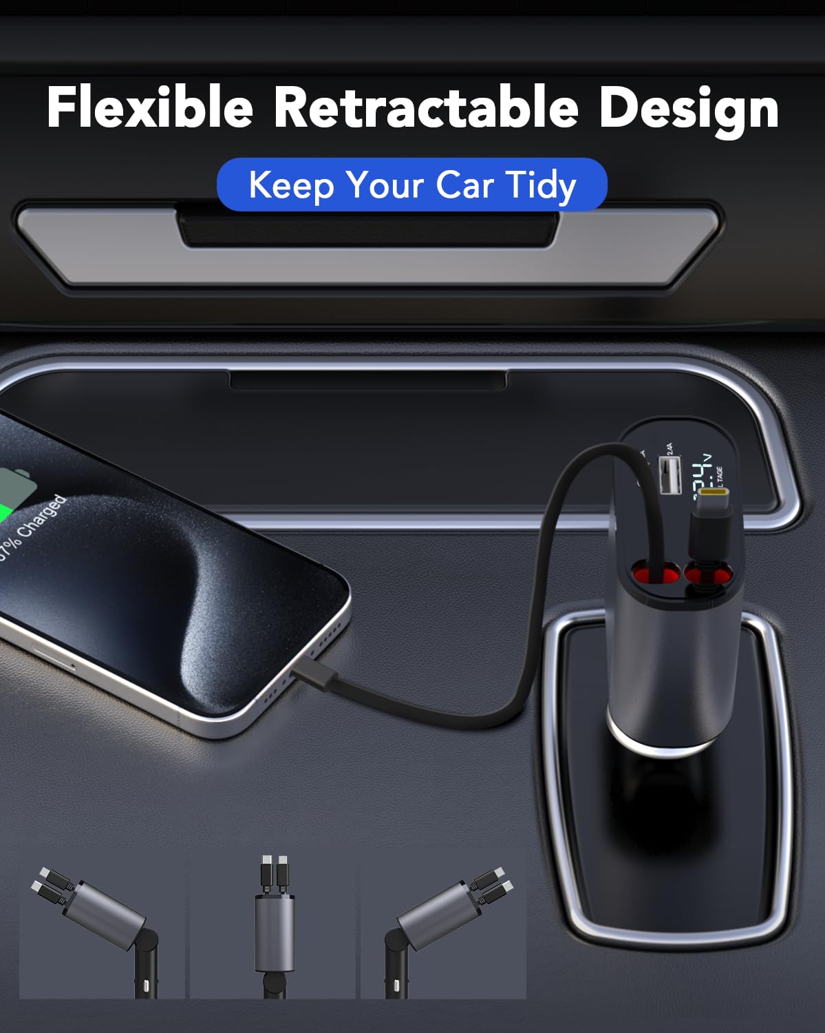 Retractable Car Charger, 4 in 1 Fast Car Phone Charger 66W, 2 Retractable Cables and USB Car Charger, USB C Car Charger for iPhone 15/14/13/12/11, Galaxy,Pixel