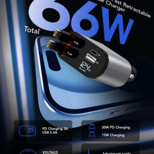 Retractable Car Charger, 4 in 1 Fast Car Phone Charger 66W, 2 Retractable Cables and USB Car Charger, USB C Car Charger for iPhone 15/14/13/12/11, Galaxy,Pixel