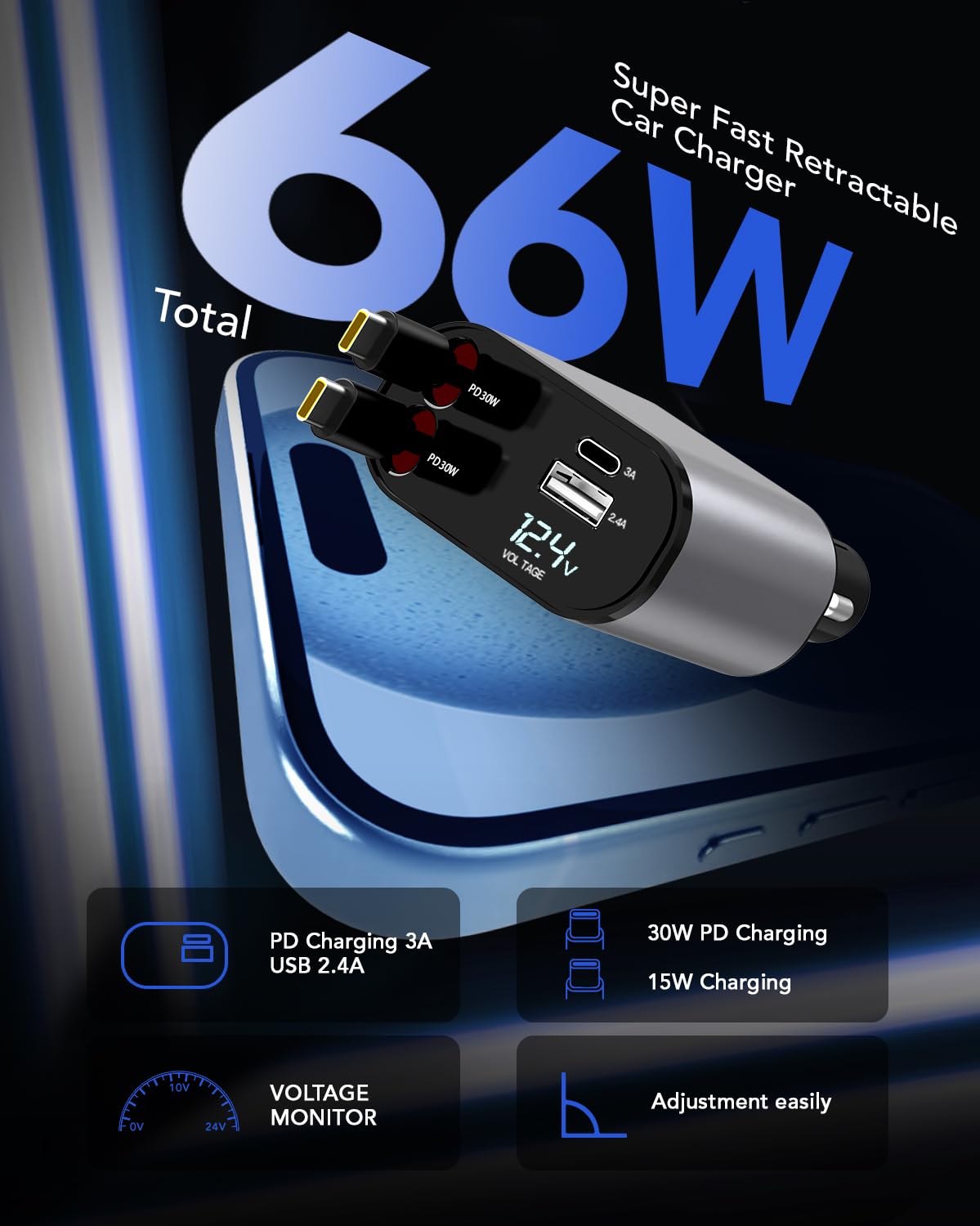 Retractable Car Charger, 4 in 1 Fast Car Phone Charger 66W, 2 Retractable Cables and USB Car Charger, USB C Car Charger for iPhone 15/14/13/12/11, Galaxy,Pixel