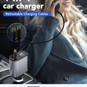 Retractable Car Charger, 4 in 1 Fast Car Phone Charger 66W, 2 Retractable Cables and USB Car Charger, USB C Car Charger for iPhone 15/14/13/12/11, Galaxy,Pixel