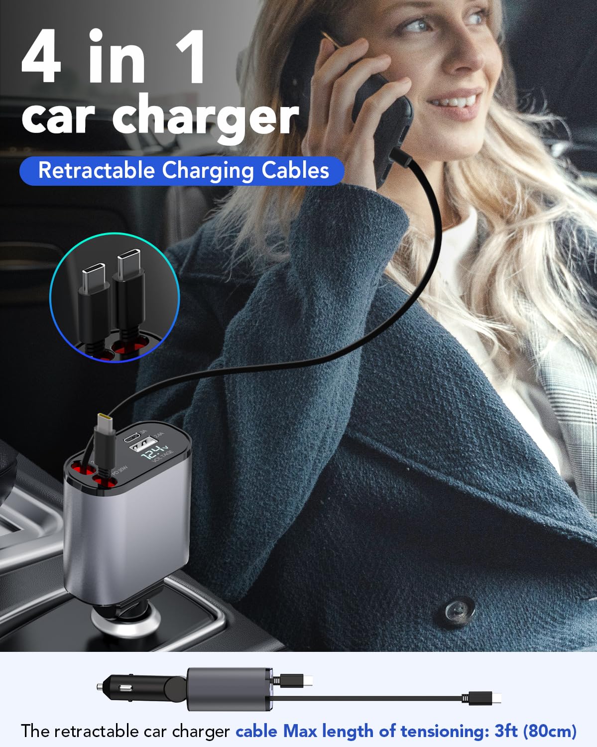 Retractable Car Charger, 4 in 1 Fast Car Phone Charger 66W, 2 Retractable Cables and USB Car Charger, USB C Car Charger for iPhone 15/14/13/12/11, Galaxy,Pixel